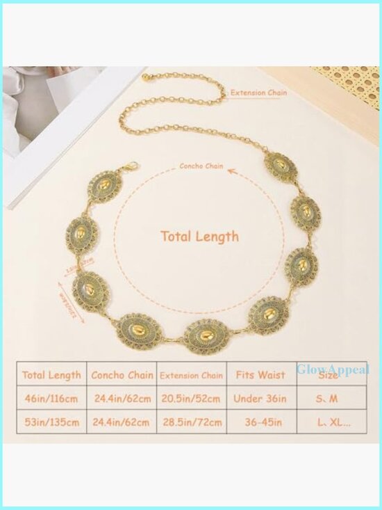 Adjustable Western Concho Chain Belt Metal Alloy Vintage Boho Style - Picture 2 of 7